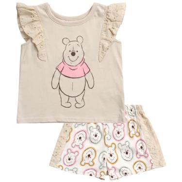 Imagem de Disney Conjunto de shorts para meninas Minnie Mouse - camiseta de algodão de 2 peças e shorts de malha (2-7), Ursinho Pooh rosa, 3 Anos