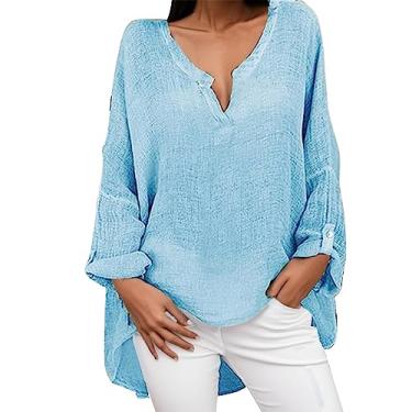 Imagem de Lainuyoah Blusas casuais femininas 2024 da moda, mistura de linho, manga enrolada, gola V, camisa de verão com leggings, B - azul, 3G