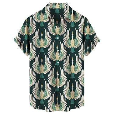 Imagem de Camiseta masculina casual solta com estampa de lapela manga curta abotoada estilo porto floral praia areia masculina manga longa, Verde, P