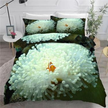 Imagem de Jogo de cama com estampa de flor coral California King, peixe-palhaço, conjunto de 3 peças, capa de edredom de microfibra macia, 264 x 248 cm e 2 fronhas, com fecho de zíper e laços