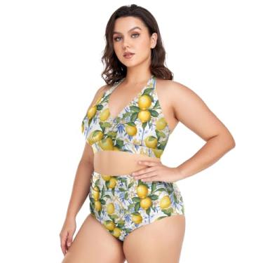 Imagem de Biquíni feminino de cintura alta, plus size, 2 peças, frente única, franzido, Limões e floral estilo siciliano, GG Plus Size