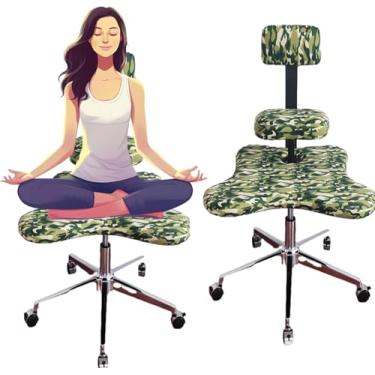 Imagem de Cadeira de escritório ergonômica ajoelhada com pernas cruzadas e rodas, banco de meditação ajustável sem braços, assento de mesa para adultos para sentar com pernas cruzadas, verde