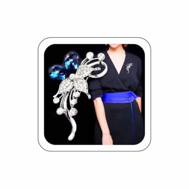 Imagem de Zeshimb Broche de flor de strass broche de flores de rosas de cristal azul diamante CZ broche de lapela em forma de borboleta linda planta de flor com segurança alfinetes de corsage emblemas joias