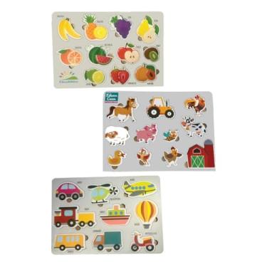 Imagem de Kit 3 Brinquedos Educativos Encaixe MDF Quebra Cabeça Frutinha Transporte Fazendinha