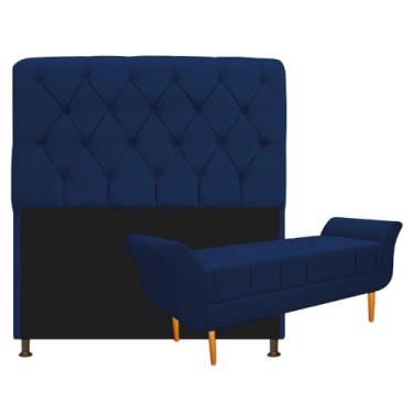 Imagem de Kit Cabeceira Estofado Lady e Recamier Ari 140 cm Casal Suede Azul Marinho - Amarena Móveis