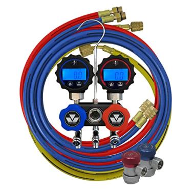 Imagem de Mastercool 84472 R134a Conjunto de mini manifold digital de alumínio bidirecional com mangueiras R134a de 7,6-182 cm e um conjunto de acopladores manuais R134a embalados em um estojo de transporte com