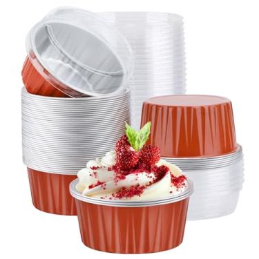 Imagem de EUSOAR Ramequins descartáveis com tampas, 50 peças de copos de folha de alumínio de 142 g com tampas, creme brulee ramekins descartáveis, copos de muffin para assar, mini formas de folha de cheesecake
