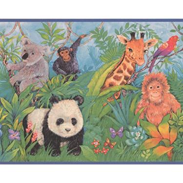 Imagem de Selva panda tigre macaco coala girafa papagaio caçador zebra papel de parede borda design retrô, rolo 15' x 23 cm