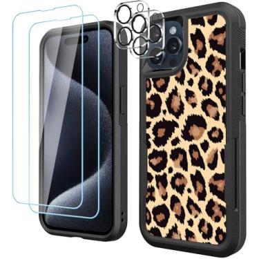 Imagem de LOQUPE [Capa 5 em 1 para iPhone 15 Pro, com 2 protetores de tela + 2 protetores de lente de câmera, capa protetora resistente resistente e leve à prova de choque para mulheres, leopardo amarelo fofo