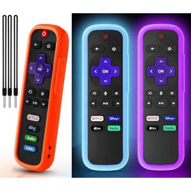 Imagem de Pacote com 3 capas para controle remoto Roku, capa para controle remoto Roku Voice/Hisense/TCL Roku TV Steaming Stick, capa protetora universal de silicone para controle remoto Roku TV que brilha roxo azul com cordões