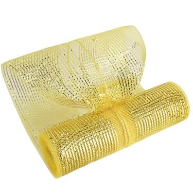 Imagem de MEEDEE Gold Deco Mesh 25 cm Deluxe Wide Foil Metálico Pull Up Mesh Fita de malha dourada decorativa de ouro amarelo para árvore de Natal, grinaldas, guirlandas, embrulho de presente, confecção de