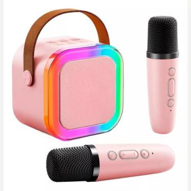 Imagem de Mini Caixa de Som Portátil 9x12cm com 2 Microfones Sem Fio - Master