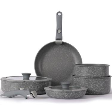 Imagem de Vkoocy Non Stick Pot e Pan Set com Punho Removível, Conjunto de panelas de cerâmica Punho destacável, Indução Cozinha Camping Potes Empilháveis Panelas, Máquina de lavar louça/forno seguro, Cinza