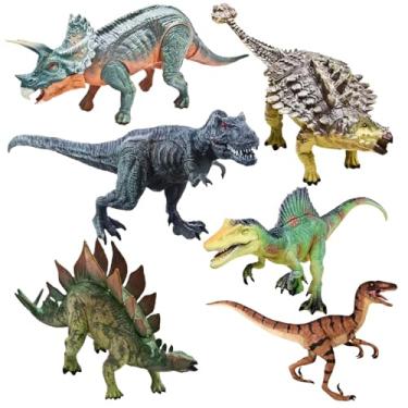 Imagem de Kit Dinossauros Articulados com Livros 6 Peças Inclui T-Rex Espinossauro Estegossauro Anquilossauro Triceratopo e Velociraptor