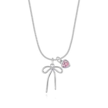 Imagem de Cykdohy Colar com pingente de laço de coração fofo para mulheres, zircônia cúbica rosa, gargantilha delicada, delicada, fita Y2K, corrente de cobra, branca, prata, colares requintados, joias de festa,