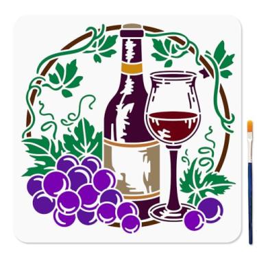 Imagem de MAYJOYDIY Estêncil de vinho de uva, estêncil de taça de vinho, 30 x 30 cm, estênceis de plástico reutilizáveis com pincel de tinta, modelos de videiras vintage para artesanato na janela, parede de