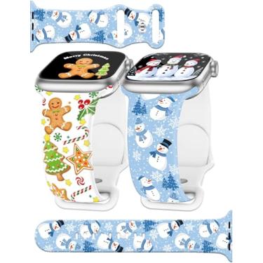 Imagem de Pacote com 2 pulseiras femininas de relógio de Natal compatíveis com Apple Watch Watch de 42 mm, 44 mm, 45 mm, 46 mm, 49 mm, boneco de neve para iPhone iWatch para séries 10, 9, Ultra, 8, 7, 6, 5, 4,