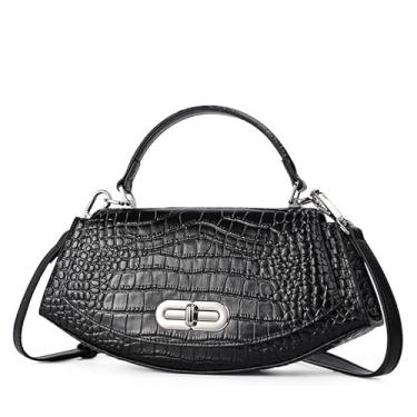 Imagem de Aidrani A nova bolsa feminina tiracolo de ombro único com estampa de crocodilo preto tem uma aparência única e é feita de couro bovino, Preto