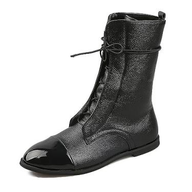 Imagem de Botas rasteiras femininas de bico redondo com cadarço até o meio da panturrilha, costura à mão, antiderrapante, antiderrapante, salto quadrado, sapatos de couro, casuais, botas de neve de inverno,