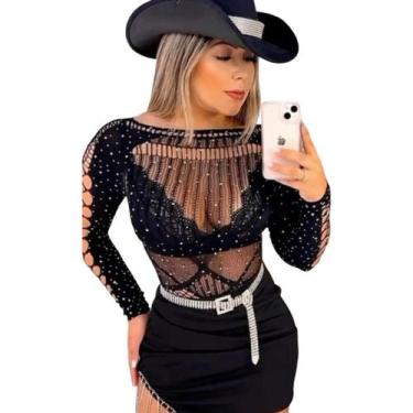 Imagem de Body Brilho Abertura Nos Braços Arrastao Strass Sexy Luxo - NoBrand, P
