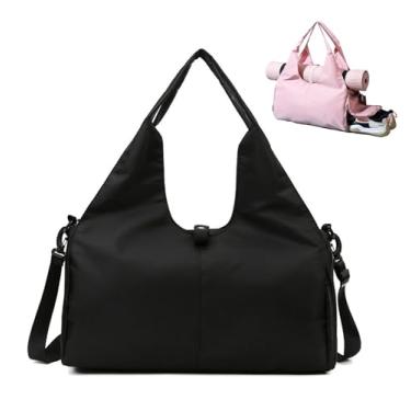 Imagem de Bolsa feminina Oxford para academia de ioga com compartimento para sapatos, grande capacidade, bolsa esportiva simplista para viagens e fitness, 6 opções de cores, 49 x 25 x 21 cm, Preto, Bolsa de