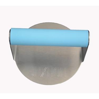 Imagem de JNXHON Prensa de hambúrguer de aço inoxidável de 12,7 cm, prensa de hambúrguer para grelha, prensa de bacon, prensa de grelha, espremedor de alho, prensa de hambúrguer com alça antiqueimadura com alça