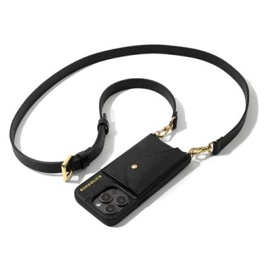 Imagem de Bandolier Hailey Capa de celular tipo carteira transversal para iPhone 15 Pro. 100% couro de seixo genuíno com ferragens douradas. Alça ajustável e removível. Suporte de cartão flip expansível. Preto