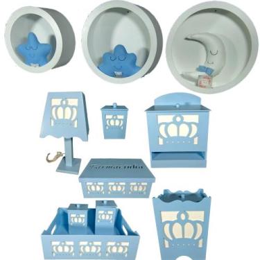 Imagem de Kit Higiene bebê mdf 8 pçs + 3 Nichos brancos - Coroa Azul (Pronta Ent