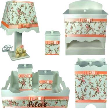 Imagem de Kit Higiene bebê Mdf decorado 7 pçs - SALMÃO BRANCO FLORIDO COM PÉROLA