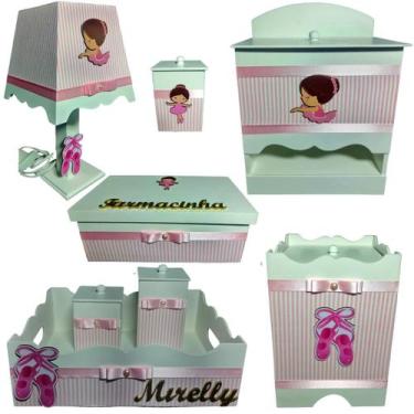 Imagem de Kit Higiene bebê Mdf menina 8 pçs - BAILARINA ROSA LISTRADO - Flores p