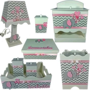 Imagem de Kit Higiene bebê Mdf menina 8 pçs - CHEVRON CINZA COM ELEFANTE ROSA - 