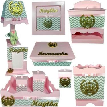 Imagem de Kit Higiene bebê Mdf 10 peças - ROSA BB CHEVRON CINZA DE COROA - Flore