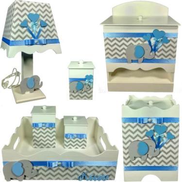 Imagem de Kit Higiene bebê Mdf decorado 7 pçs - CHEVRON CINZA COM ELEFANTE AZUL 