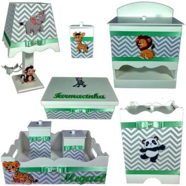 Imagem de Kit Higiene bebê Mdf decorado 8 pçs - SAFARI CHEVRON CINZA  COM VERDE 