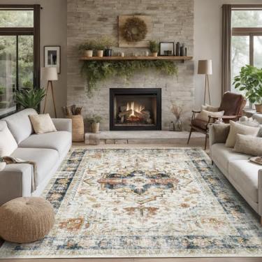 Imagem de Dotiiorug Tapete de área lavável, 12 x 18 cm, vintage, boêmio, persa, para sala de estar, sala de jantar, quarto, antiderrapante, resistente a manchas, tapete retrô