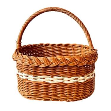 Imagem de Cesta de piquenique em tecido de vime, cesta de plástico tecida à mão, cesta de piquenique para acampamento ao ar livre, cesto de piquenique com cachecol de seda para caminhadas, praia, acampamento ao