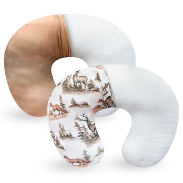 Imagem de Dormlony Travesseiro de amamentação com 2 peças de capa removível ultramacia e elástica, travesseiros de amamentação para amamentação, tempo de barriga e suporte para sentar o bebê, estampa de veado