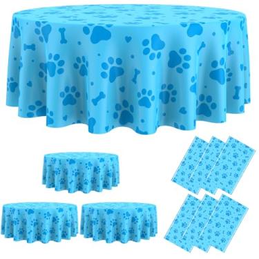Imagem de Oudain 6 peças de toalha de mesa de plástico com estampa de pata de cachorro, 203 cm, toalha de mesa redonda descartável, capa de mesa temática grande e fofa para decoração de festa de aniversário de