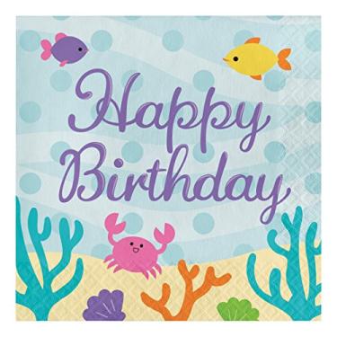 Imagem de Creative Converting 16 guardanapos de papel para almoço, feliz aniversário, amigos de sereia, 16,5 x 16,5 cm, multicoloridos