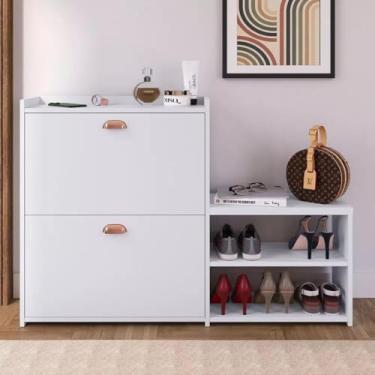Imagem de Sapateira Com Banco Moderna 2 Gavetas Basculantes 18 Pares Sapatos Para Quarto Hall de Entrada Closet (Branco)