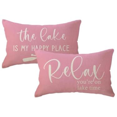 Imagem de ULOVE LOVE YOURSELF Pacote com 2 capas de almofada para decoração de cabana de lago, 30 x 50,8 cm Relaxe You're On Lake Time, fronhas decorativas de verão para sofá e varanda (rosa)