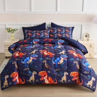 Imagem de ALAOOKKA Jogo de cama de solteiro infantil, 4 peças, estampa de dinossauro, azul, de microfibra macia com jogo de lençol para todas as estações (azul, 172 x 223 cm)