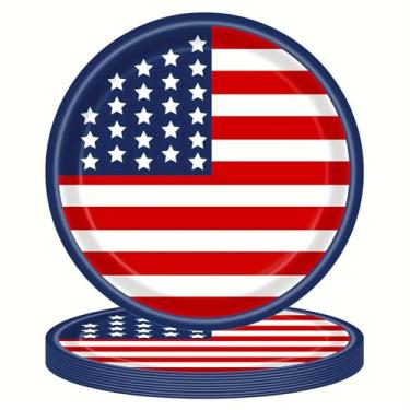 Imagem de 4 de julho, pratos de papel descartáveis, Dia da Independência, artigos de festa, jantar, sobremesa, vermelho, branco, azul, listrado, estrela, louça, 18 cm, 25 peças