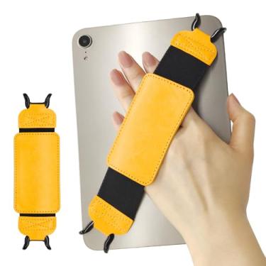 Imagem de Alça de mão de couro para tablet/iPad de 9 a 11 polegadas, alça de dedo para iPad Pro/iPad Air/Kindle Fire HD, alça de mão versátil de alta elasticidade, amarela