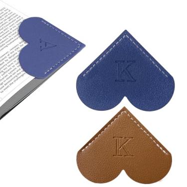 Imagem de Marcador de livro de coração de couro personalizado com inicial, 26 letras, marcador de livro de página de canto personalizado para mulheres leitoras, amantes de livros, professores, estudantes