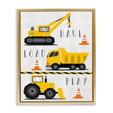 Imagem de Stupell Industries Arte de parede em tela flutuante com moldura dourada Haul Load Play Trucks, design de Elizabeth Tyndall, 64 x 78 cm