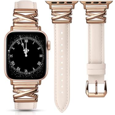 Imagem de Minyee Pulseira de couro feminina compatível com Apple Watch de 38/40/41/42 mm, elegante pulseira de couro premium com fivela de metal em forma de X para iWatch séries 11 10 9 8 7 6 5 4 SE/Ultra 3 2 1