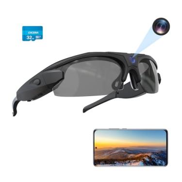 Imagem de RERBO Óculos de sol para câmera, óculos de vídeo WiFi HD 1080p com lentes polarizadas UV 400 para ciclismo, acampamento, dirigir, viajar (inclui cartão de 32 GB)