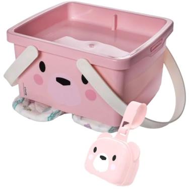 Imagem de Conjunto Infantil Porta Fraldas Descartáveis com abertura tipo fenda, Tampa com travas e Alças de Transporte + Porta Chupeta de Viagem com Tampa Basculante, Fechamento de Pressão e Alça de Transporte - Ambos na cor Rosa com decoração Ursa