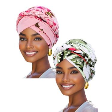 Imagem de Woeoe 2 peças turbante africano cabeça envolvente rosa impresso turbante flor capa de cabeça chapéu para mulheres, Verde, One Size (Pack of 1)/(2 Count)